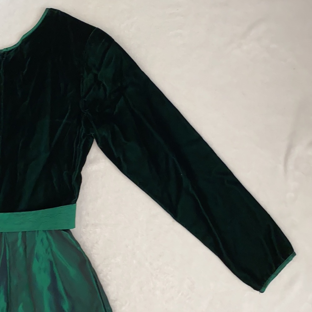 {VTG} Lanz Originals | Velvet Satin Bow Belt Long Sleeve Midi Dress Emerald (8) - Picture 11 of 16